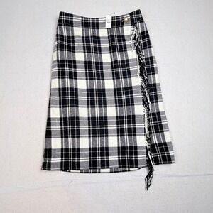 Talbots Black White Plaid Fringe Wrap Skirt Gold Button 4 NEW